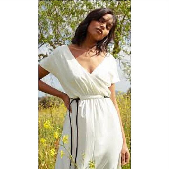 ADAY Dresses & Skirts - Aday Midi Dress sz S Women Super Swish Ivory Surplice Neck Rope Belt‎ Minimalist